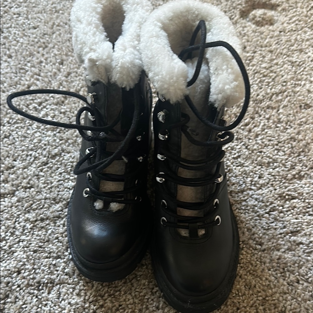 NEW Marc Fisher LTD Vacinta - Women's Black Leather and Shearling Lug Boots